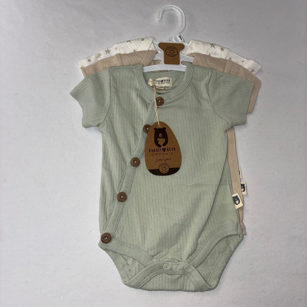 406 Rabbit + Bear Organic Bodysuit 3-Pack 3-6M Green Tan Star Ribbed NEW Gift